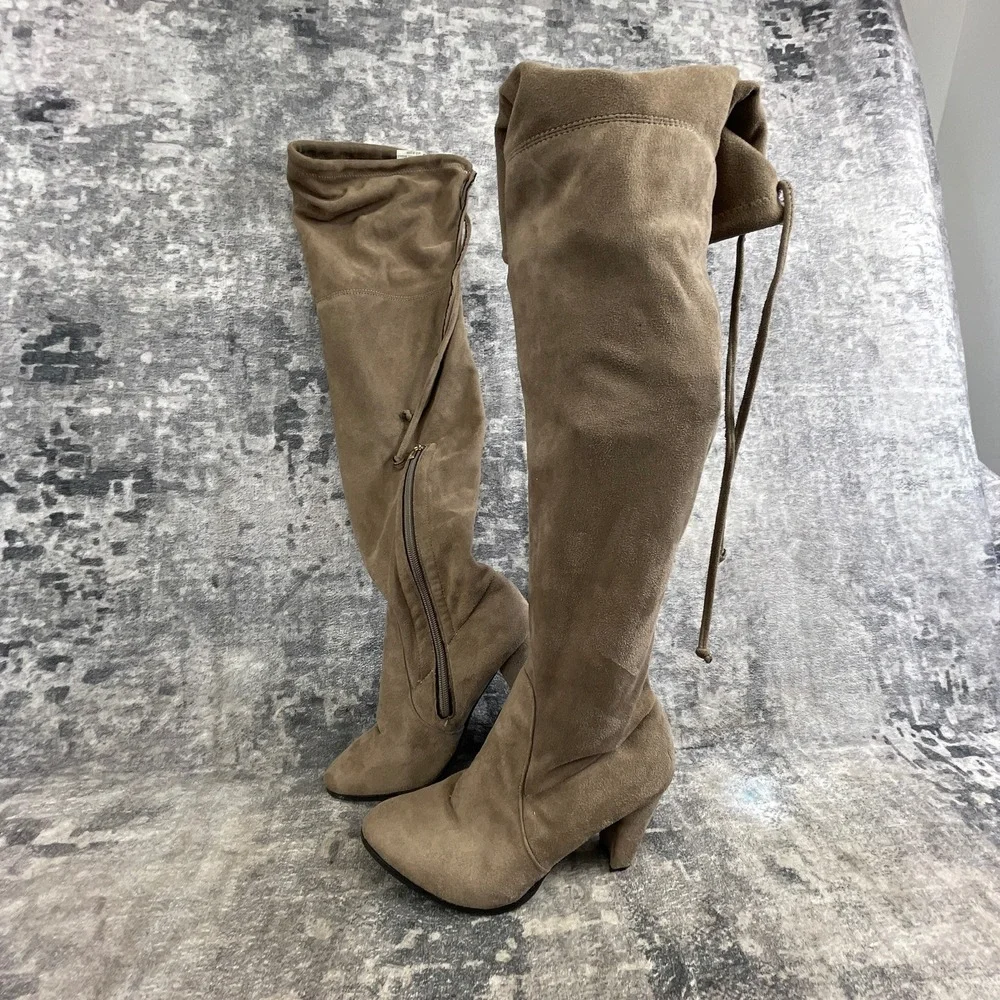 White Mountain Over The Knee Boots Women 6.5 M Khaki Suede Heel Drawstring